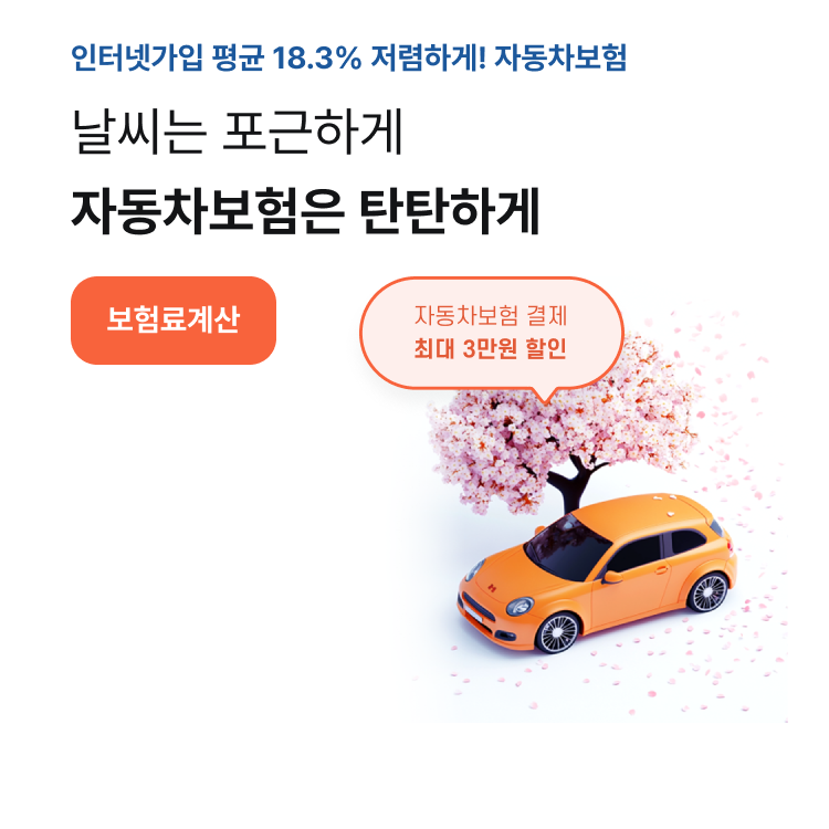 인터넷가입 평균 18.3% 저렴하게! 자동차보험 날씨는 포근하게 자동차보험은 탄탄하게 자동차보험 결제 최대 3만원 할인 보험료계산