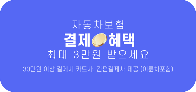 자동차보험 결제혜택 최대 3만원 받으세요. 30만원 이상 결제시 카드사, 간편결제사 제공 (이륜차포함)